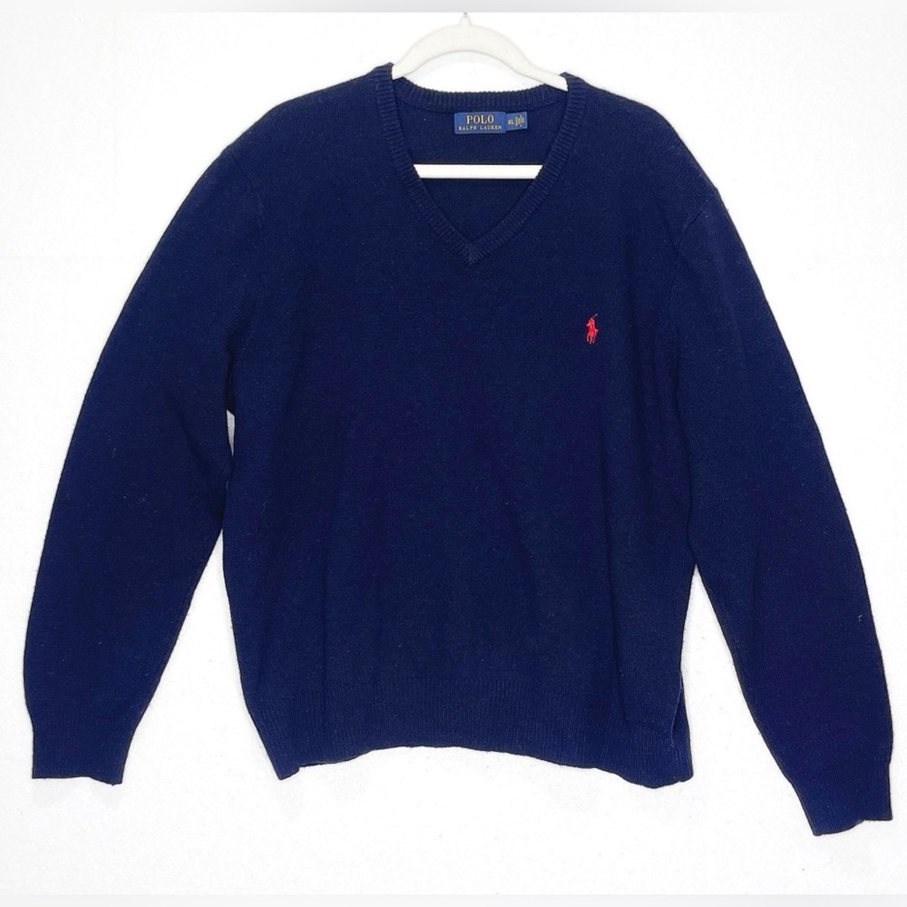Polo Ralph Lauren Men’s 100% Lambs Wool V-Neck Sweater Embroidered Logo XL Navy